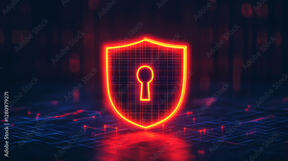 Poster a glowing shield with a keyhole symbolizing digital security and protection.