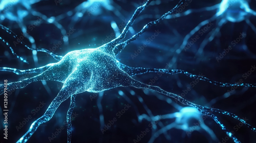 Poster futuristic digital technology background with electric blue data nodes and neural network visualizat