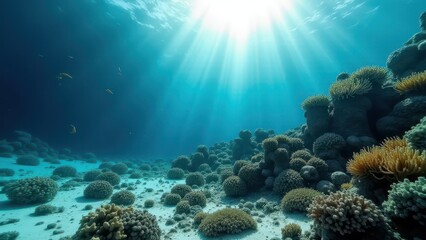 Fototapeta premium Underwater coral reef affected by bleaching with sunlight streaming through 