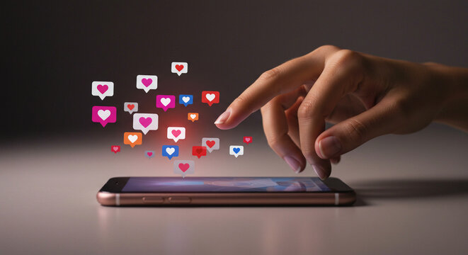 Woman's caucasian hand touching smartphone screen with flying social media hearts. Digital online communication on mobile device. Modern lifestyle concept. Dark background with copy space