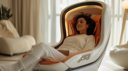 Obraz premium A woman is enjoying a mindfulness session in an innovative therapy pod, surrounded by a serene living space with soft lighting, promoting mental wellness and relaxation.