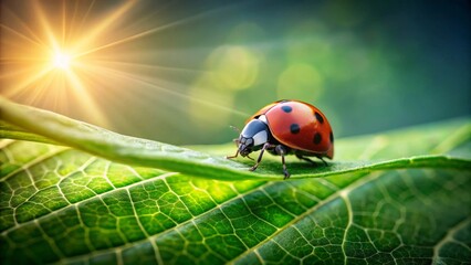 Obraz premium A vibrant ladybug gracefully traverses a sunlit verdant leaf, showcasing the beauty of nature's delicate details.