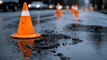 Traffic cones line a damaged road with oil patches and pooling water, highlighting urban neglect and ongoing repairs in wet conditions