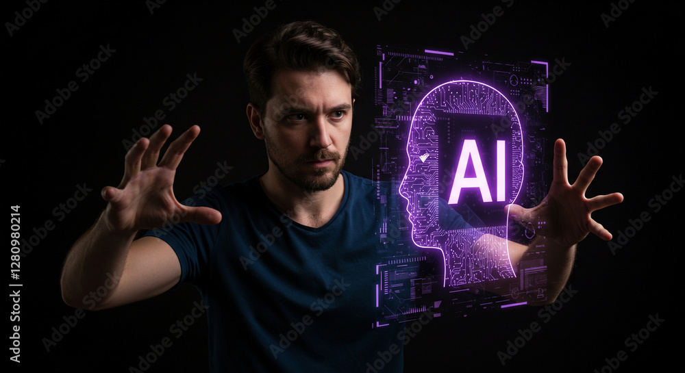 Poster caucasian man interacting with glowing purple ai head hologram on black background. future technolog