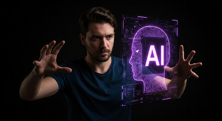 Caucasian man interacting with glowing purple AI head hologram on black background. Future technology concept. Digital innovation visualization for tech presentation with space