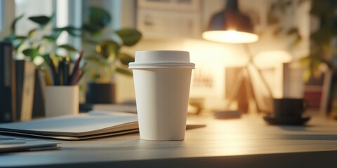 Cozy Workspace: A close-up shot captures the inviting atmosphere of a workspace desk, with a cup of coffee prominently placed, alongside a lamp, and some plants.