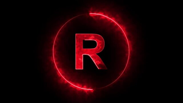 neon light glowing R icon. neon circle symbol glowing neon light 4k animation.