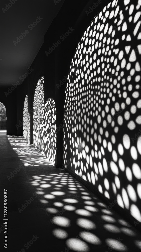 Poster Dappled sunlight filters through ornate cutouts, casting mesmerizing patterns across a shadowy hallway