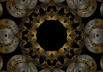 A mesmerizing intricate circular mandala pattern featuring geometric designs with gold and silver metallic textures, exuding elegance and sophistication.