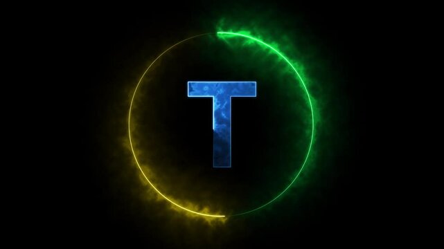 Abstract Neon light orange T text Animation. Blue circle animation. Black background 4k video