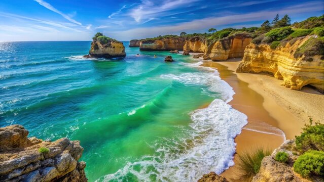 Clear blue water waves gently crashing against the shore of Camilo Beach in Lagos, Portugal, with a picturesque Mediterranean landscape and lush greenery , turquoise sea, camilo beach