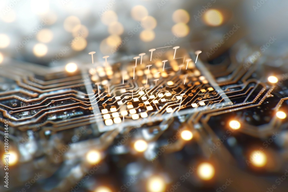Poster close-up of a circuit board with intricate designs and glowing lights, showcasing advanced technolog