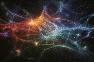 Glowing network, cosmic web, colorful threads.