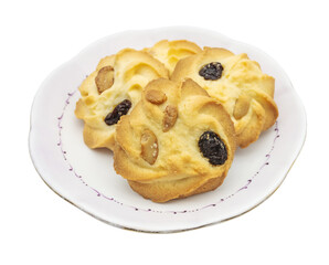Plate of cookies with dark raisins on a white dish isolated transparent background
