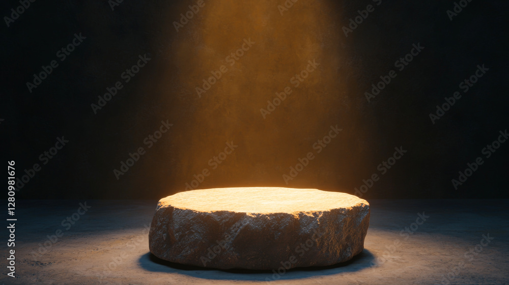 Poster a illuminated stone pedestal in darkness, creating a focus point for various displays.