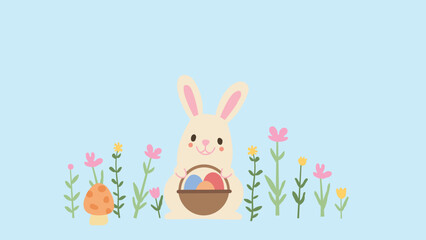 Flat Vector Illustration of an Easter Bunny with a Basket of Eggs on a Meadow – Cute Holiday Design for Cards and Banners

