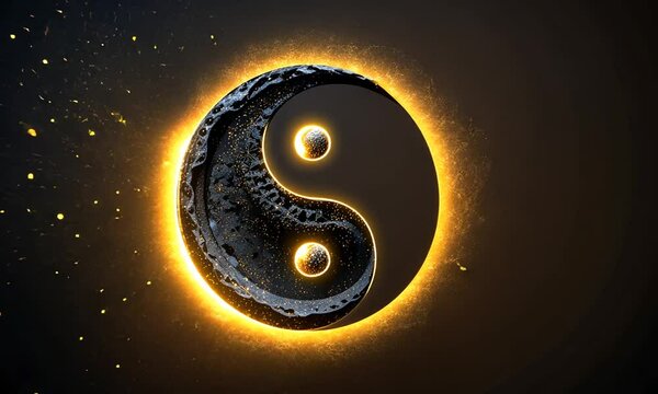 Glowing black and gold yin-yang symbol with a cosmic aura. Concept of balance and harmony