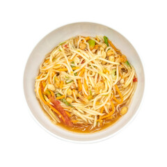 Som Tum Thai Bowl of Green papaya salad with shrimp, peanuts, lime, tomatoes Traditional Thai food in white bowl isolated transparent background