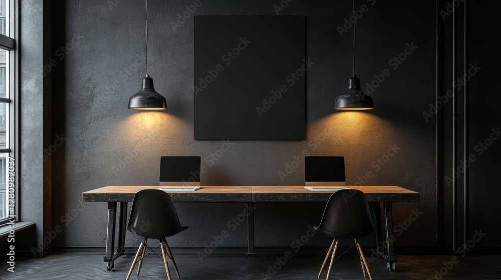 Aufkleber two laptops rest on a table in a dimly lit room, showcasing a modern workspace setup with a focus on