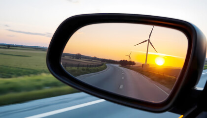 Car side mirror reflecting highway and wind turbine in the distance symbolizing travel, renewable energy, and road journey.