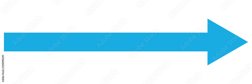 Poster blue long arrow pointing to the right. straight long arrow icon, right thin line, blue cursor, horiz