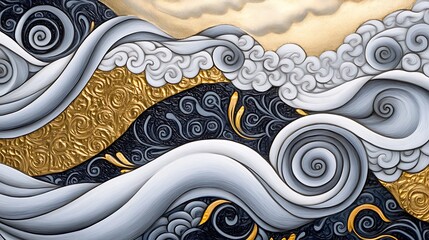 Abstract Gray White Gold Wave Wall Art with Fish Pattern