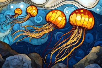 Amber Jellyfish in a Dark Blue Ocean