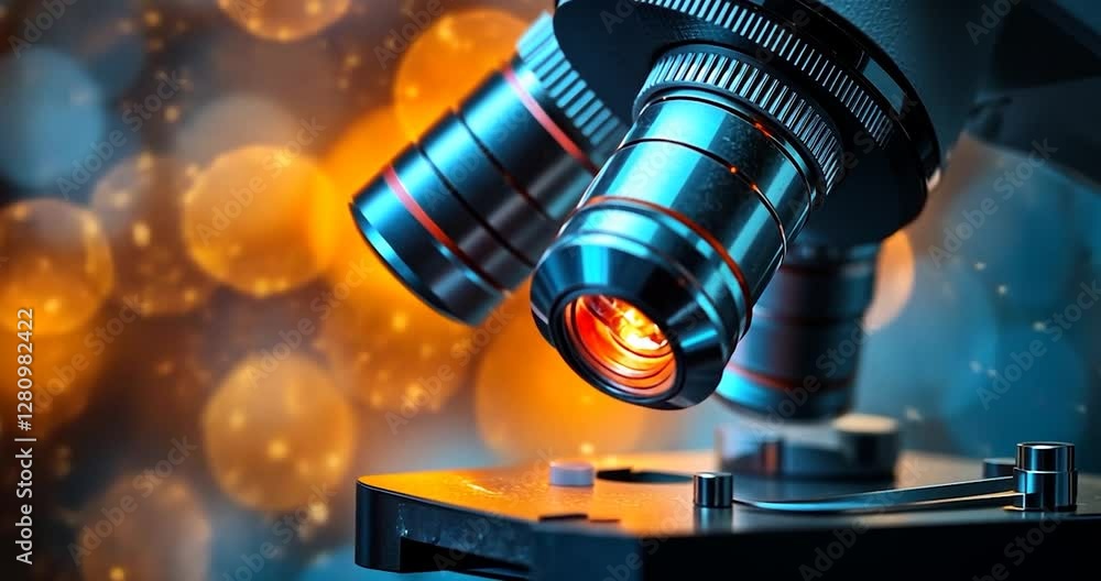 Fototapete Close-up of a microscope on a bokeh background with warm tones