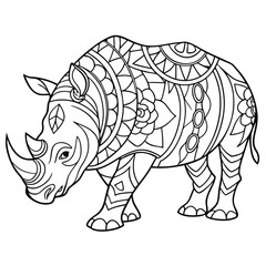 Fototapeta premium Intricate Rhino Coloring Page: Detailed Zentangle Style Illustration of a Rhinoceros for Relaxation and Creative Coloring Fun
