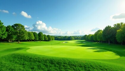 Lush green golf course fairway, perfectly manicured , landscape, putting green