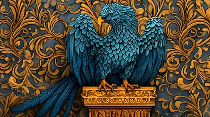 Blue Bird Sculpture on Gold Column, Ornate Background