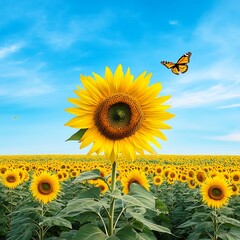 Bright Yellow Sunflower Field with Orange Butterfly Under Blue Sky