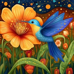 Blue Hummingbird and Orange Flower in Night Garden
