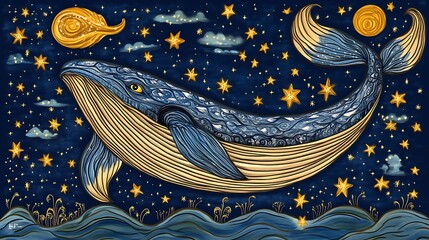 Blue Whale in Starry Night Sky with Golden Moons