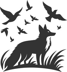 A fox watching birds fly overhead animal vector silhouette
