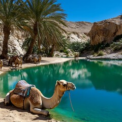Camel Resting by Turquoise Lake in Desert Oasis Surrounded by Palm Trees and Cliffs