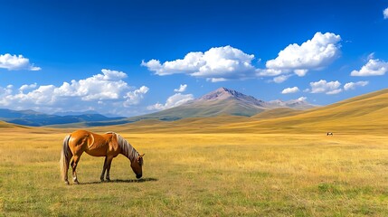 Chestnut Horse Grazing in Golden Field with Mountain View