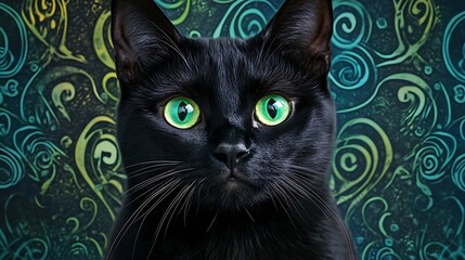 Close Up Black Cat with Bright Green Eyes and Swirling Teal Green Background