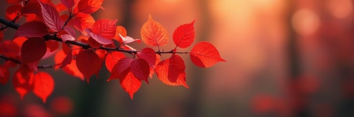 Obraz premium Crimson leaves densely packed on a branch, peaceful autumn scene , photography, vibrant