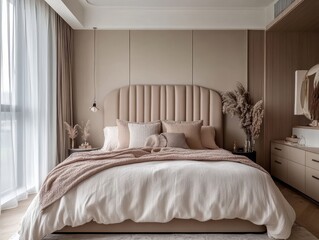 A bedroom with a bed in a neutral color scheme