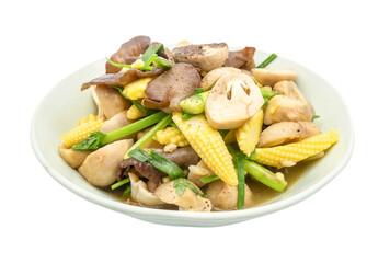 Thai healthy food fried stir mixed vegetable, mushroom and baby corn with oyster isolated transparent background