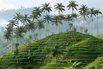 A lush green hillside with palm trees and a misty sky