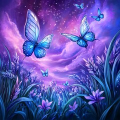 Ethereal Blue Butterflies and Purple Flowers Under a Starry Twilight Sky
