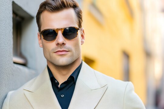 Handsome confident stylish hipster lambersexual modelSexy modern man dressed in elegant beige suit Fashion male posing in the street in city at sunset In sunglasses Near wall