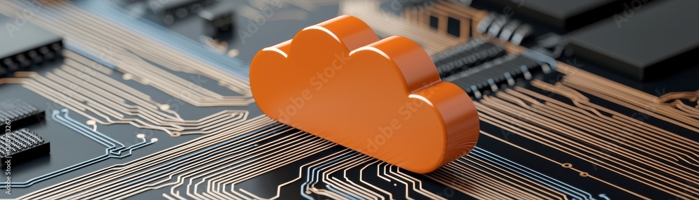 Poster orange cloud symbol on a circuit board background representing digital storage and technology concep
