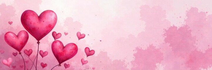 Soft pink watercolor hearts, romantic wash background, texture, pattern