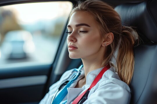 Tired female nurse going home from work, sitting in car and using seat belt. Work-life balance of healthcare worker, Generative AI