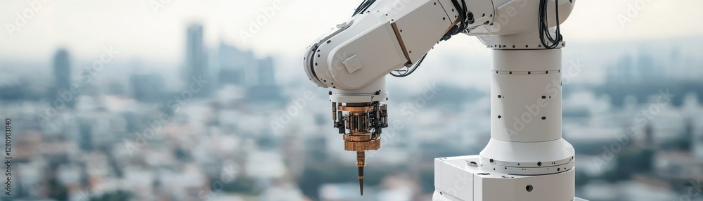 Poster robotic arm technology in urban setting with cityscape background showing industrial automation adva
