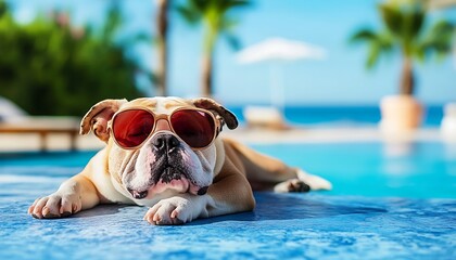Dog in sunglasses by pool, tropical vacation