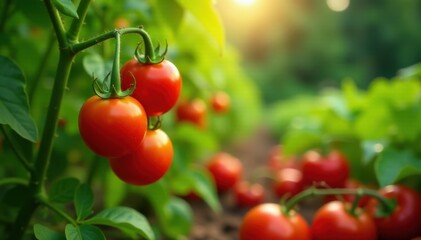 Vibrant tomatoes and peppers thrive in a lush garden , sun-drenched, bounty